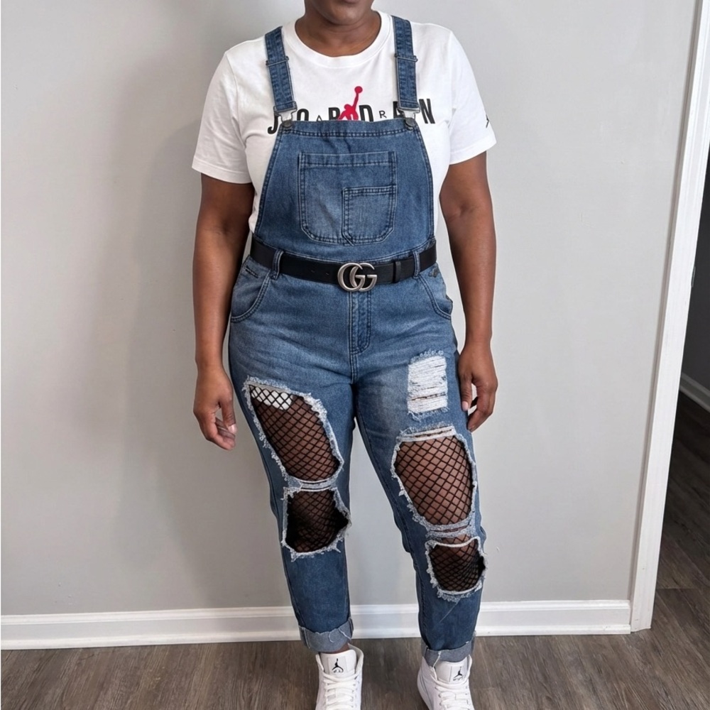 Stylish Blue Distressed Denim Overalls